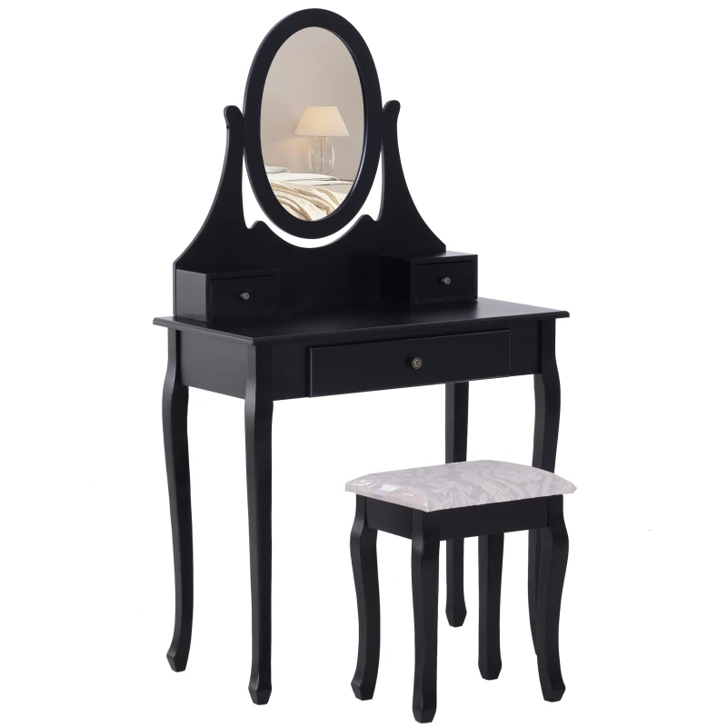 HOMCOM Wooden Makeup Vanity Dressing Table Set with 360° Rotating Oval Mirror, 3 Drawers and Padded Stool for Bedroom