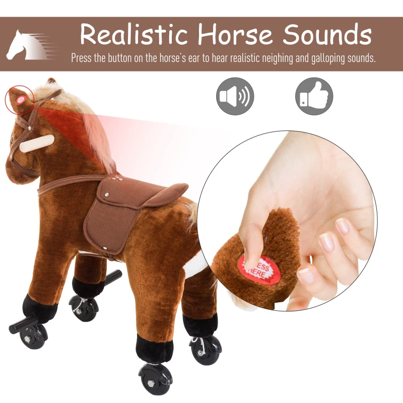Qaba Kids Walking Pony Ride on Horse Rocking Toy Wheels & Footrest Neigh Sound, Brown
