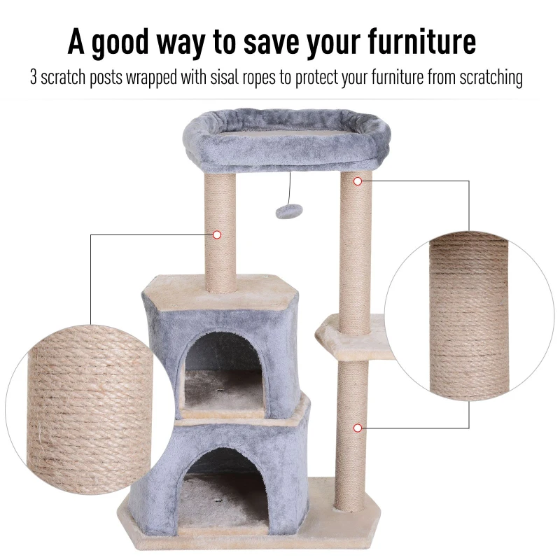 PawHut Multi-Level Cat Tree with Sisal-Covered Scratching Posts Large Perch Grey
