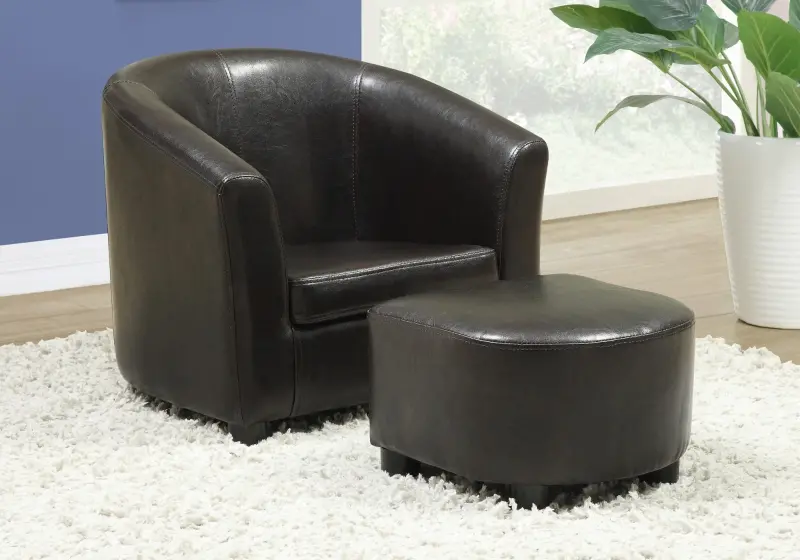 Monarch Kids' Upholstered Leather-Look Barrel Club Chair with Matching Ottoman - Dark Brown