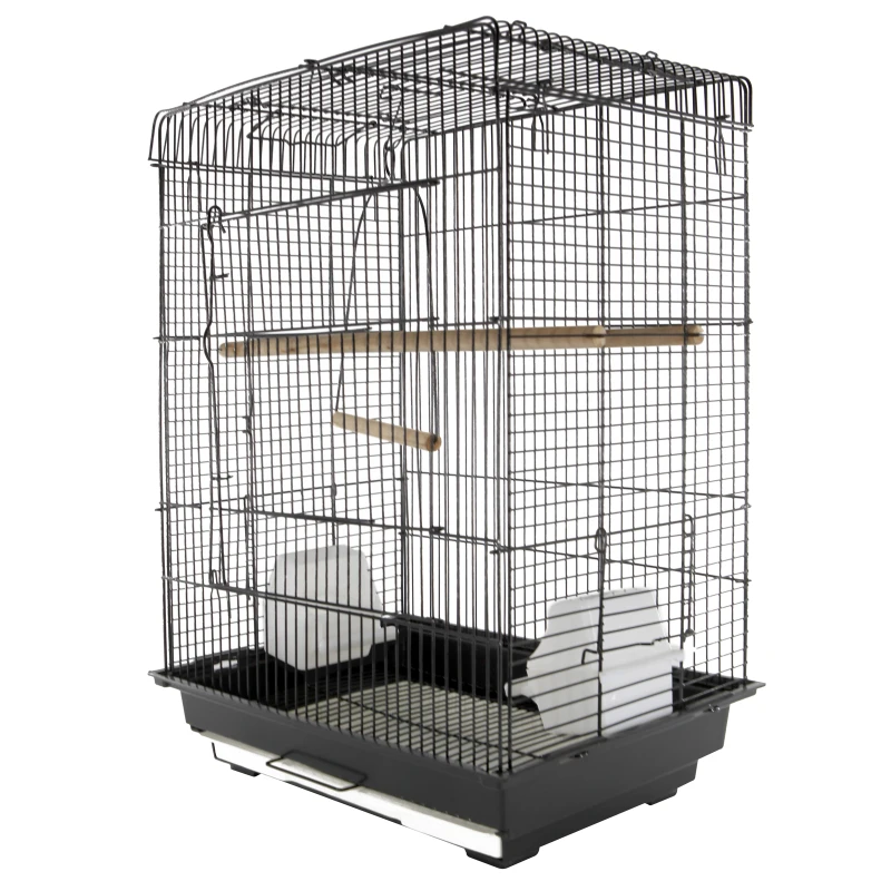 PawHut 28"H Steel Bird Cage with Open Play Top, Perch, Feeding Bowl for Parrot Lovebirds Parakeets Cockatiels - Black