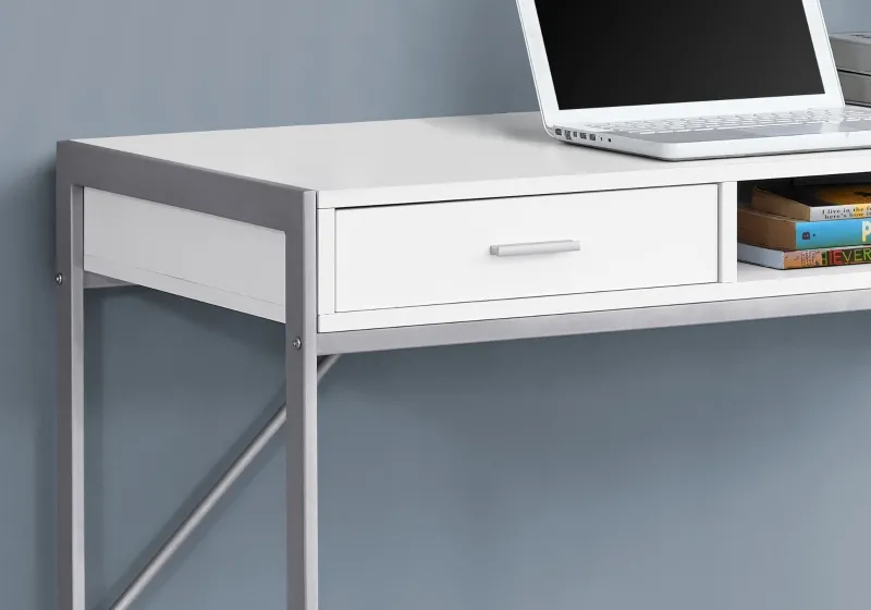 Monarch 48" Contemporary Compact Open Concept Computer Writing Desk with Drawers - White / Silver