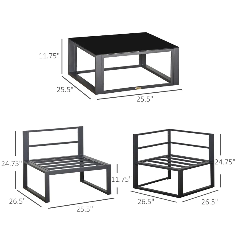 Outsunny 7 Pieces Outdoor Patio Furniture Set, Sofa Couch with Glass Coffee Table, Cushioned Chairs and Metal Frame, for Balcony Garden Backyard, Grey