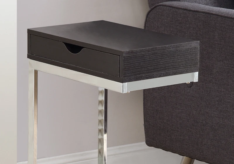 Monarch 24" Contemporary Wood Grain-Look Chrome Metal Base C-Shaped Side Accent Table with Storage Drawer - Cappuccino Brown Finish