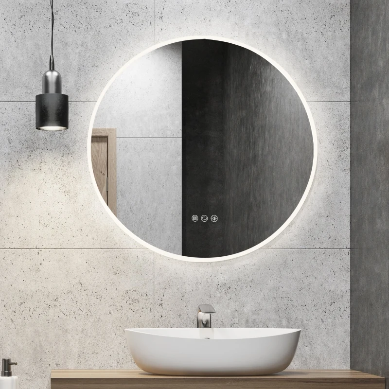 kleankin 24"x24" Round LED Bathroom Mirror with Defogging Function, Touch Switch, and 3 Color White Temperatures