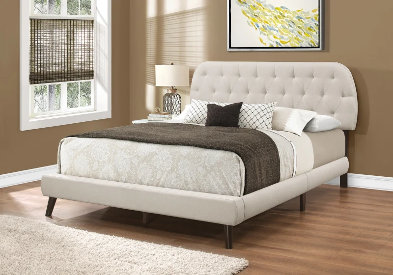Monarch Queen Size Contemporary Upholstered Bed Frame with Padded Diamond Tufted Headboard and Brown Wood Legs - Beige Linen Look