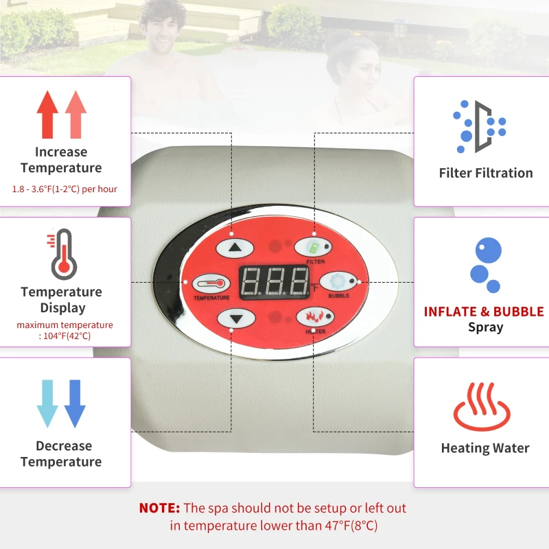 Outsunny 4-6 Person Inflatable Portable Hot Tub Outdoor Round Heated Spa with 130 Jets, Cover, Filter Cartridges, Grey