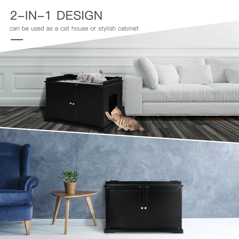 PawHut 37.5" Wooden Covered Mess Free Cat Litter Box End Table Hideaway Cabinet with Storage for Accessories, Black