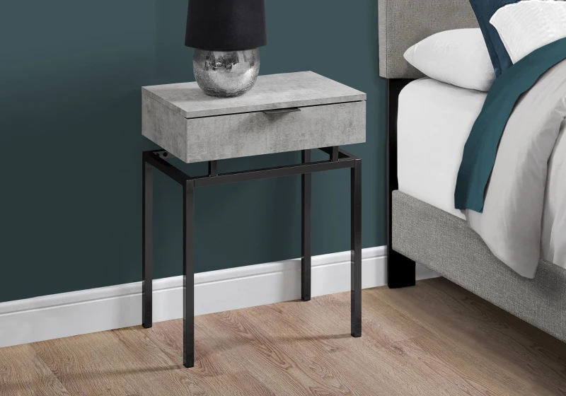 Monarch 24" Contemporary End Table Night Stand with Large Storage Drawer and Metal Base - Grey Cement-Look / Black Nickel Metal Base
