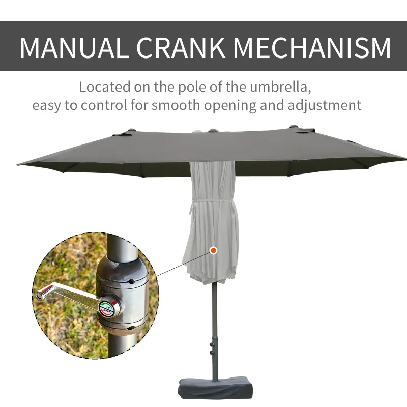 Outsunny Patio Umbrella 15' Steel Rectangular Outdoor Double Sided Market with base, UV Sun Protection & Easy Crank for Deck Pool Patio Dark Gray