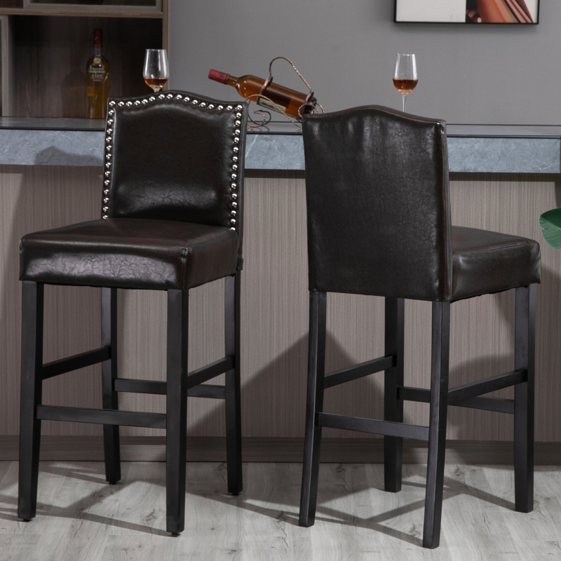 HOMCOM 2 Pieces Retro Style Bar Stools Tall Chair with Back Footrest for Home Pub