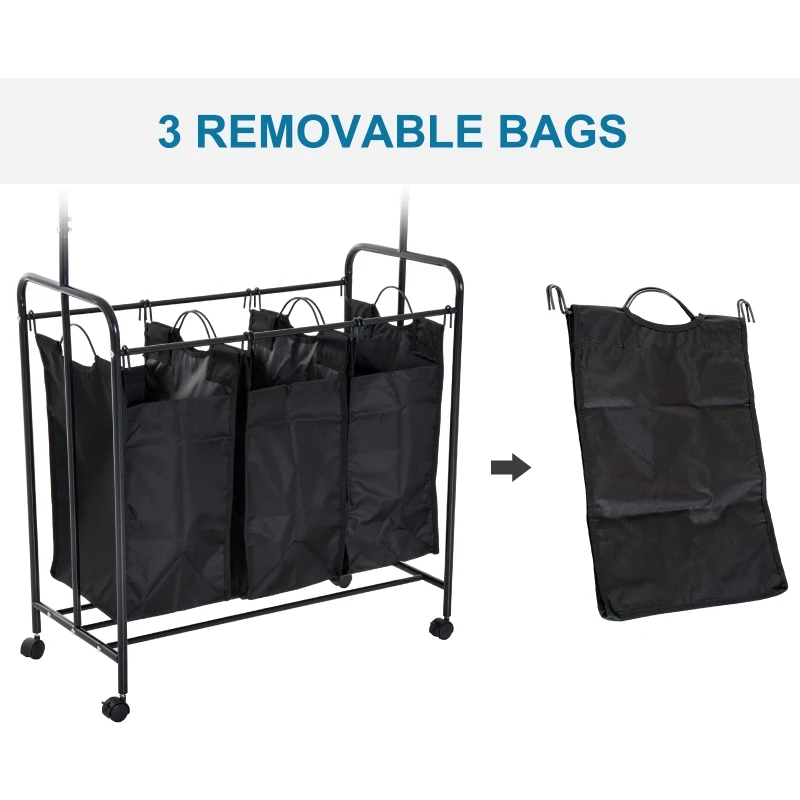 HomCom 3 Bag Heavy Duty Divided Laundry Hamper Sorter Cart With Wheels And Hanging Bar - Black
