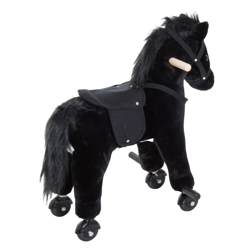 Qaba Kids Interactive Plush Mechanical Walking Ride On Horse Toy with Wheels - Black