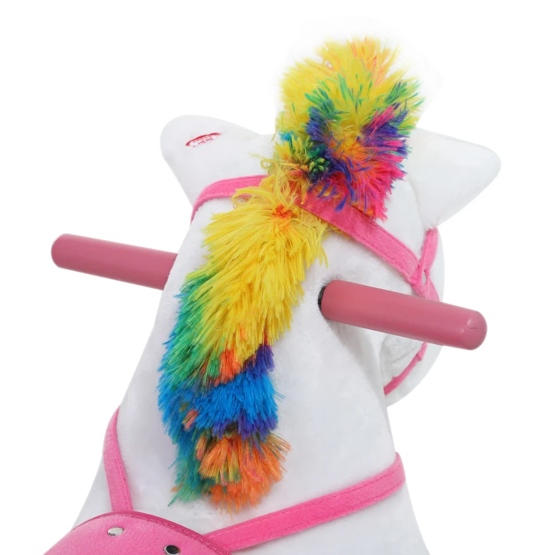 Qaba Kids Plush Toy Ride-on Rocker Unicorn Horse Rolling Pony w/ Realistic Sound - White