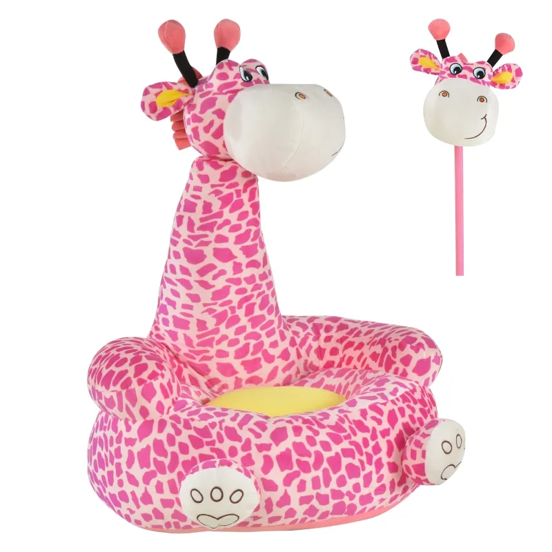 Qaba Giraffe Kids Chair Sofa Flannel Covered Armchair Stick Horse Child Chair with Padded Seat for 18-36 Months - Pink