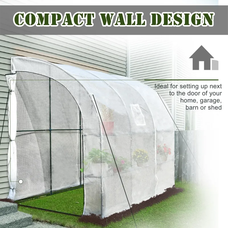 Outsunny Walk-in Wall Lean-to Greenhouse, 10' x 5' x 7' Outdoor Gardening Green House with PE Cover, Windows, Shelves and 2 Zipper Doors, Clear