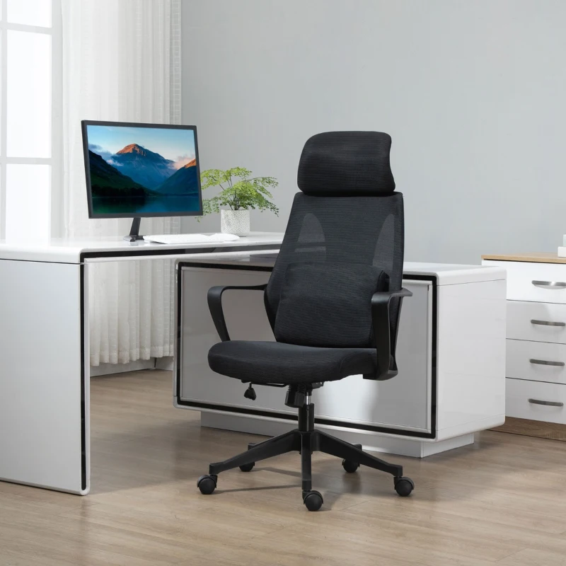 Vinsetto Ergonomic Home Office Mesh Desk Chairs, Computer Task Chair with Massage Lumbar Cushion, Adjustable Seat & Headrest, Rocking Function, Black