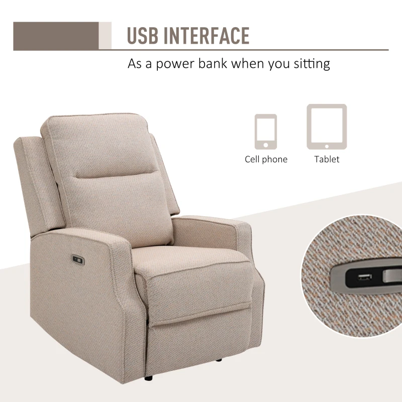 HOMCOM Electric Power Recliner, Wall Hugger Armchair with USB Charging Station, Sofa Recliner with Linen Upholstered Seat and Retractable Footrest, Cream White