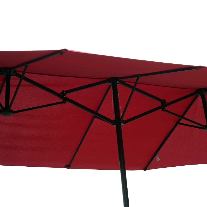 Outsunny 15ft Outdoor Twin Patio Umbrella Garden Double-Sided Market Parasol Sun Shelter with Crank Wine Red