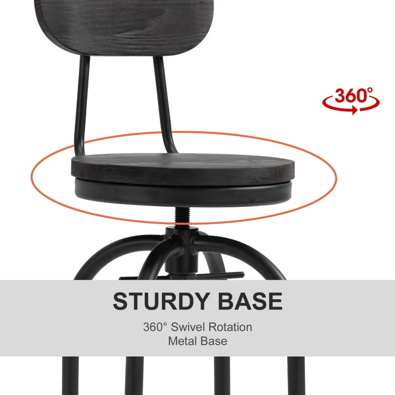 HOMCOM Set of 2 Swivel Mid-Back Barstools, Industrial Style Kitchen Stool Wooden Seat Armless with Adjustable Height ,Steel Frame