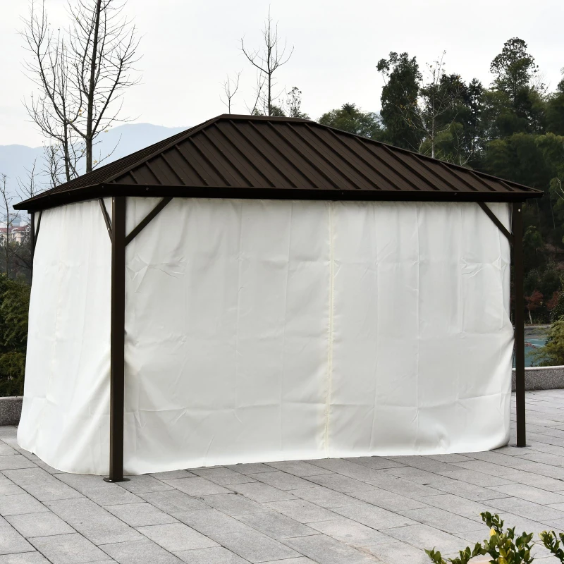 Outsunny 10' x 12' Hardtop Patio Deluxe Steel Gazebo Garden Sun Shelter Aluminum Frame Heavy Duty Outdoor Hardroof Pavilion with Curtains and Netting Beige