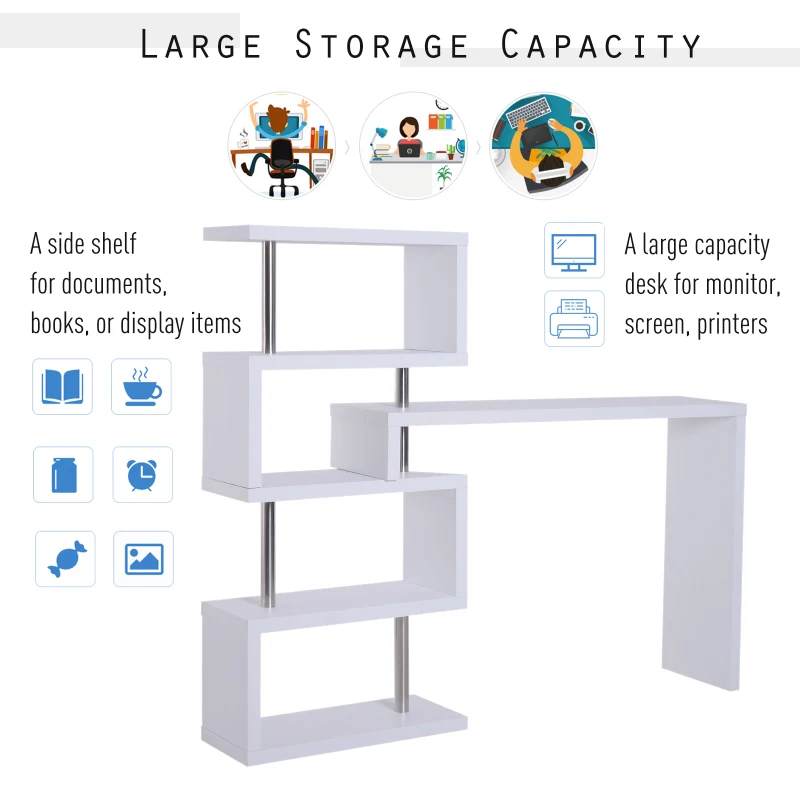 HOMCOM Modern Corner Rotating Combo L-Shaped Computer Desk with Shelves White