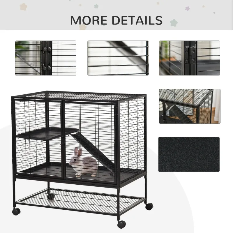 PawHut 42" Small Animal Cage with Wheels Removable Tray, 2-Tier Pet Playpen for Ferrets Chinchillas Guinea Pigs Kittens with Platform, Ramp