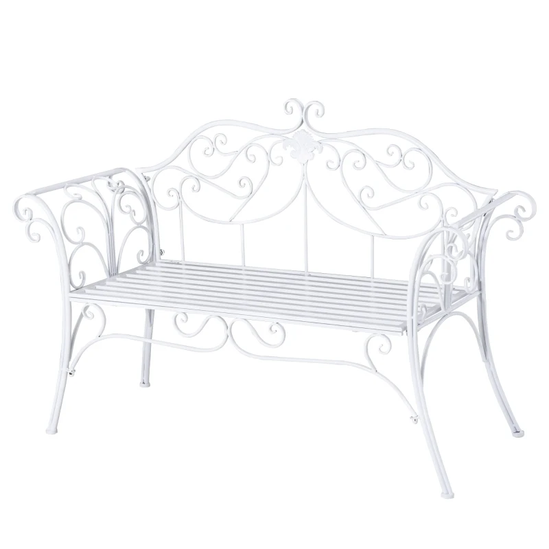 Outsunny Two-Seat Iron Garden Bench Outdoor Metal Patio Loveseat Garden Seat Chair, White