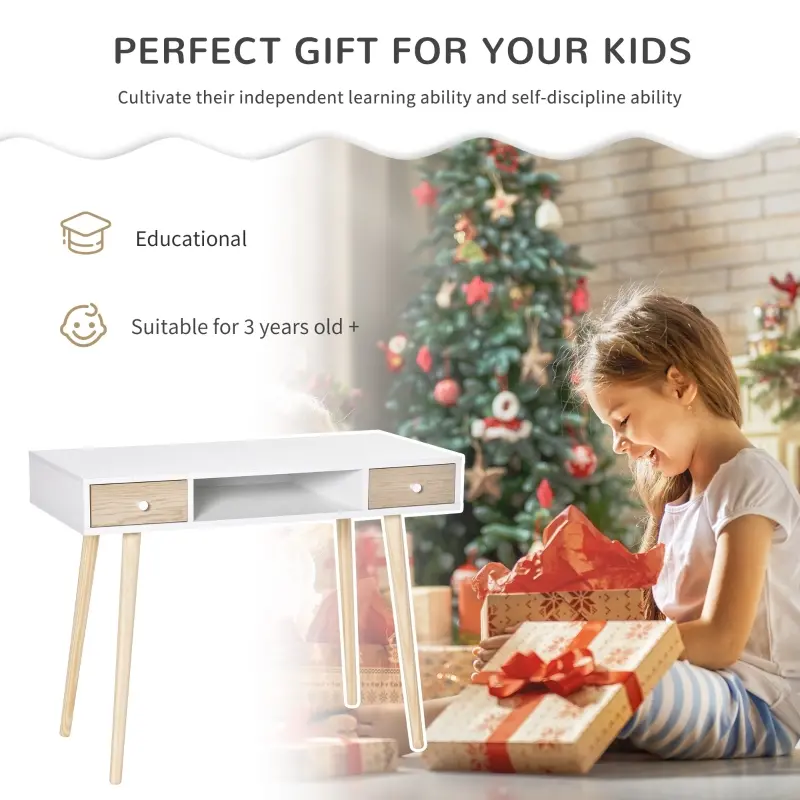 HOMCOM Kids Wooden Work Study Desk Makeup Vanity and Writing Computer Table with Storage Drawers & Pinewood Legs, White and Natural