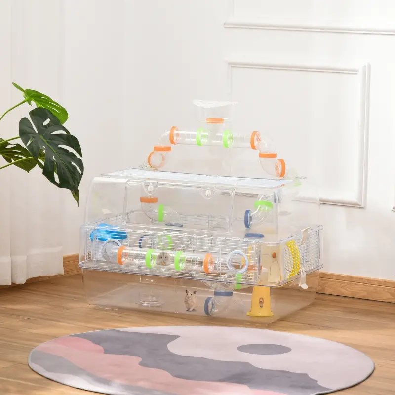 PawHut Transparent Gerbil Kennel for Travel, Comes with Exercise Wheel to Promote Play