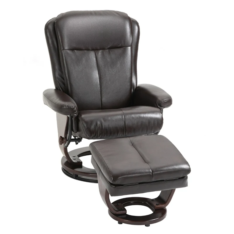 HOMCOM Swivel Recliner Chair Thick Padded with Storage Ottoman, Wrapped Wood Base & Faux Leather for Living Room, Bedroom, Office, Dark Brown