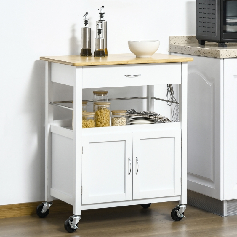 HOMCOM Kitchen Trolley Utility Rolling Cart, with Storage Drawer & Side Hooks for Dining Room, White