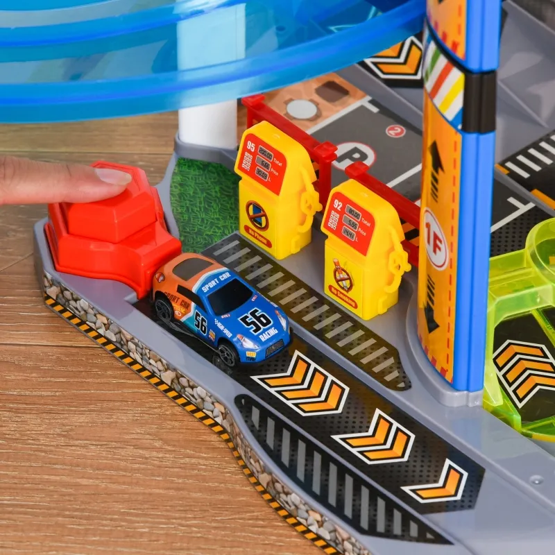 Qaba 7-Level Car Parking Garage Toy Dual Race Tracks Car Ramp Set Toddler Car Games w/ Electric Elevator Wash, Gas, Ejector & Car Repair Station Metal Cars for 3-6 Years Old