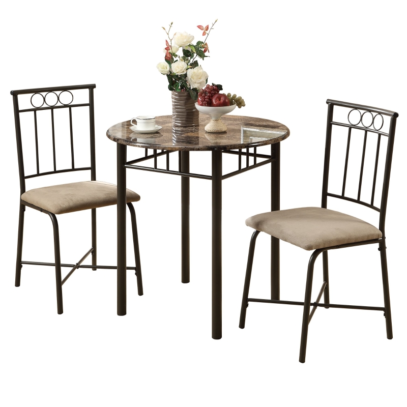 Monarch 3-Piece Modern 30" Round Marble-Look Top Metal Frame Table and Padded Chairs Dining Bistro Set - Cappuccino Brown Finish