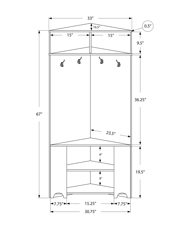 Monarch 67" Transitional Design Wood Grain-Look 4-Hook Coat Rack Corner Hall Tree Storage Shelf Bench - Cappuccino Brown Finish