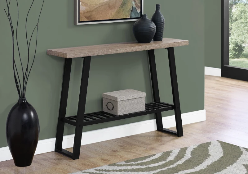 Monarch 48" Modern Wood Grain Top 2-Tier Metal Framed Accent Console Table - Black / Dark Taupe Finish