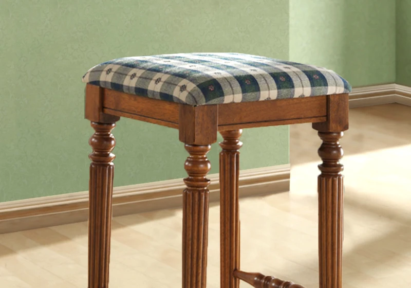Monarch 29" Georgian Style Wood Bar Stool Set with Cushioned Seats with Gingham Fabric Covers - Set of 2 - Dark Oak with Green / Cream Fabric Covers