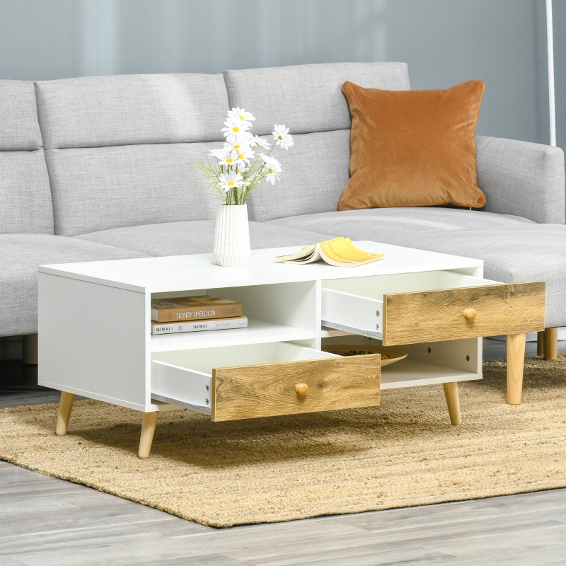 HOMCOM Coffee Table Rectangular End Table Side Table with 2 Drawers and 2 Shelves for Living Room, Bedroom, Office, White and Brown