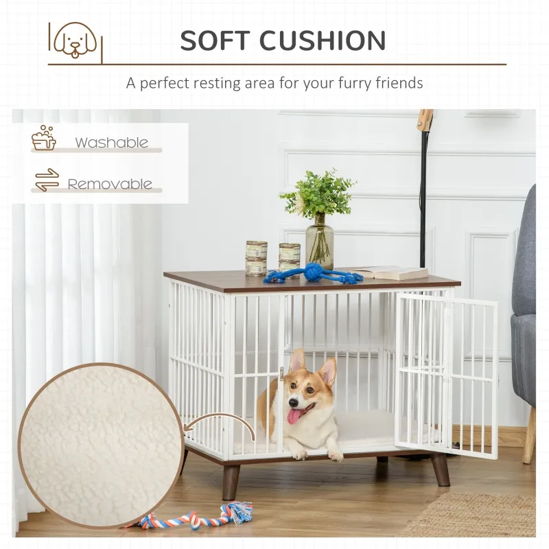 PawHut Dog Crate, Furniture Style Pet Cage Kennel, End Table, Decorative Dog House, with Soft Cushion, Wooden Top, Door, for Small & Medium Dogs, Indoor Use, Brown