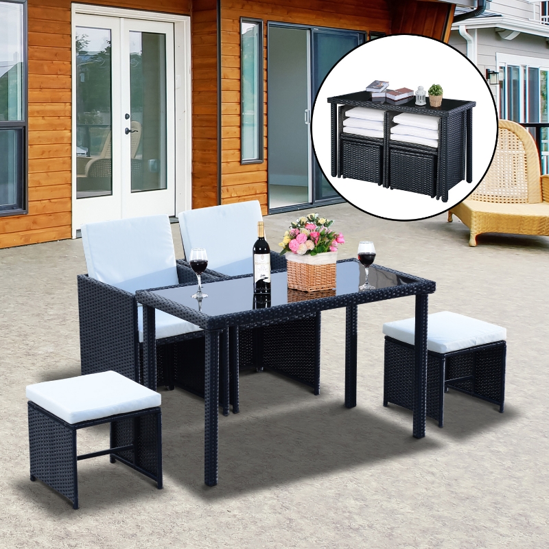 Outsunny 5pc Rattan Wicker Dining Set Outdoor Sofa Table Ottoman Set Space Saving Patio Furniture with Cushion, Black