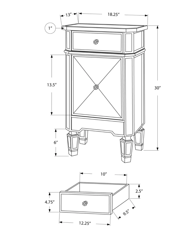 Monarch 29" Contemporary Mirrored Accent Side End Table Chest with Storage Drawer - Brushed Silver Trim