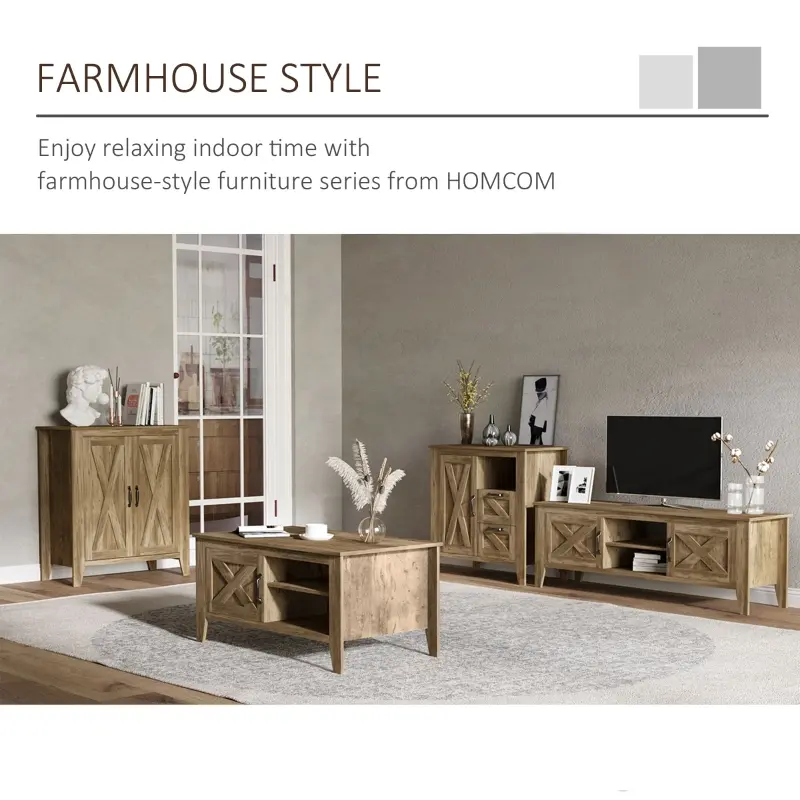 HOMCOM Sideboard, Farmhouse Buffet Cabinet with Storage Open Shelf, 2 Drawers and Open Countertop, Oak Finish