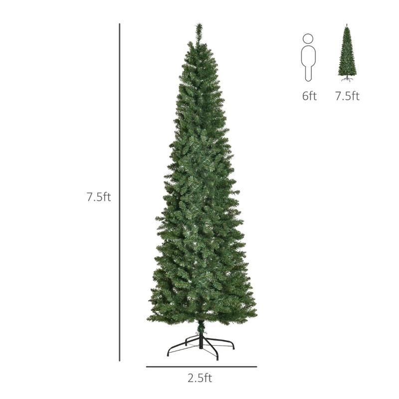 HOMCOM 7.5ft Unlit Slim Fir Artificial Christmas Tree with Realistic Branches, Holiday Indoor Decoration with 1075 Tips