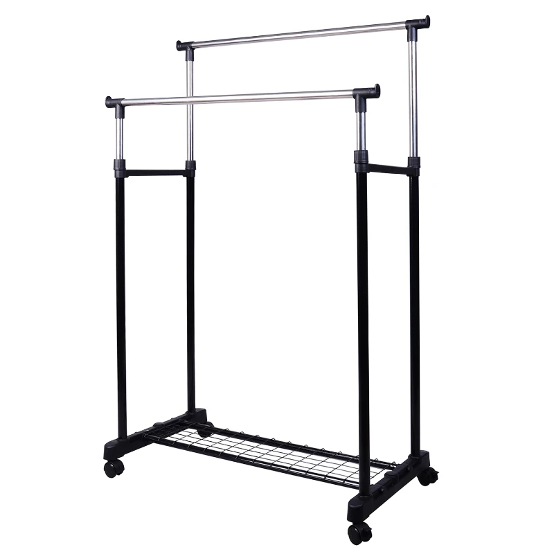 HOMCOM Heavy Duty Double Rail Clothes Rack Clothing Garment Rack with Wheels and Bottom Shelf