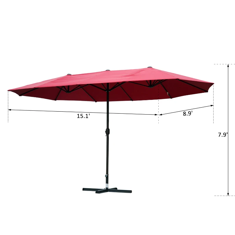 Outsunny 15ft Outdoor Twin Patio Umbrella Garden Double-Sided Market Parasol Sun Shelter with Crank Wine Red