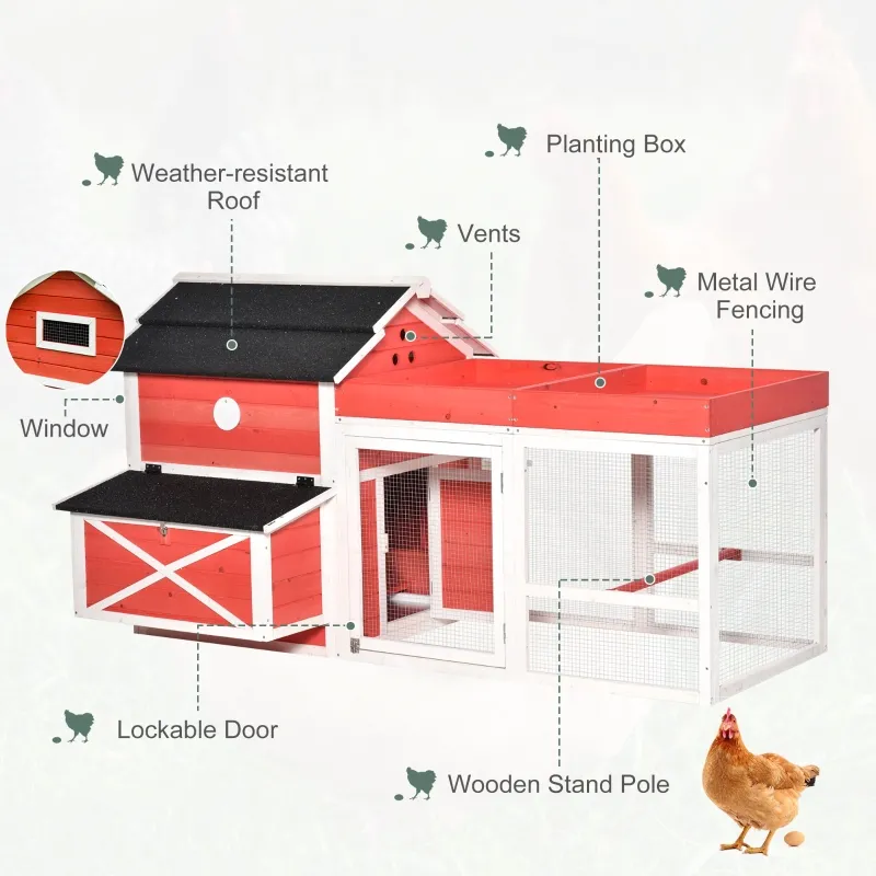 PawHut 82" Chicken Coop Wooden Rabbit Hutch Small Animal Habitat Hen Ducks House with Run Nesting Box Waterproof Roof, Red