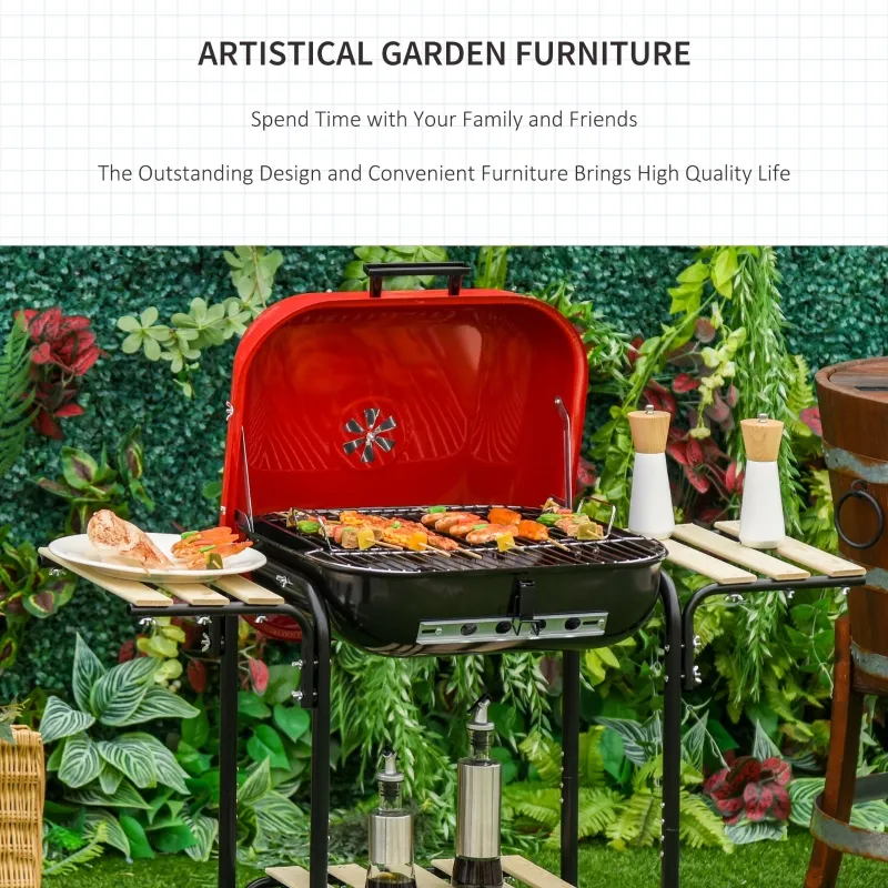 Outsunny Portable BBQ Grill Charcoal Grill with Wheels Bottom Shelf, 2 Tables and Adjustable Vents for Backyard Cooking, Red