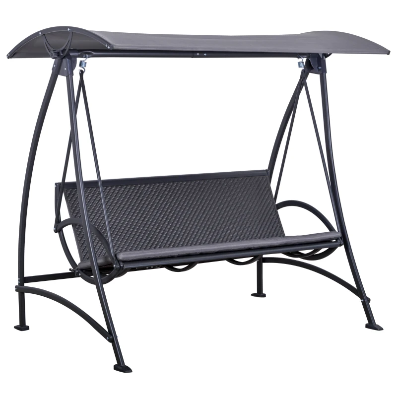 Outsunny 3 Person Rattan Swing Chair Garden Swing Bench Outdoor Hanging Porch Swing w/ Adjustable Canopy, Cushion, Steel Frame, Grey