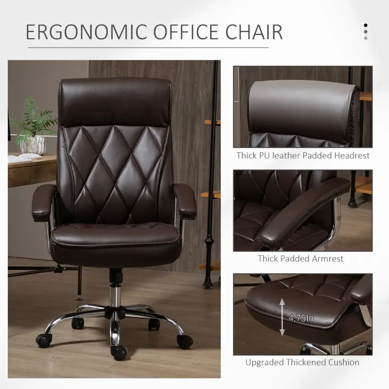 Vinsetto High Back Executive Office Chair Computer Desk Chair Adjustable Ergonomic Home Office Chair Diamond-Stitched PU Leather Swivel with Padded Armrests, Brown
