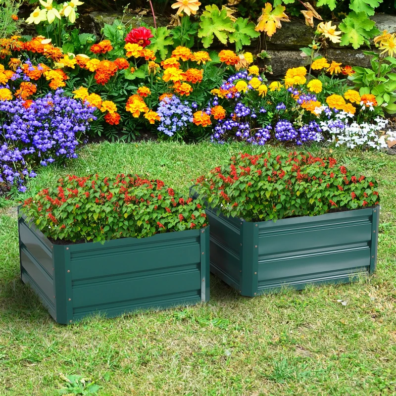 Outsunny 2' x 2' x 1' 2-Piece Raised Garden Bed Box with Steel Frame for Vegetables, Flowers, & Herbs, Green